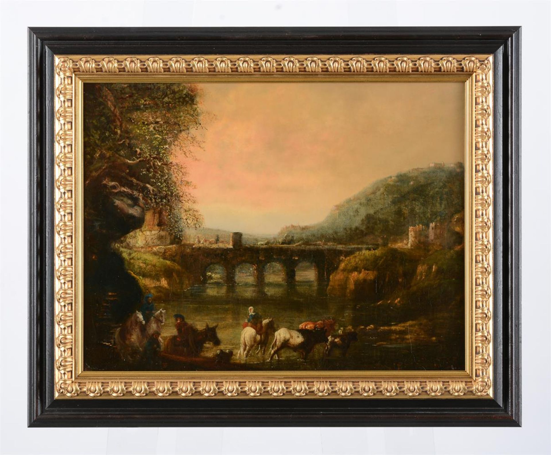 FOLLOWER OF AELBERT CUYP, ITALIANATE LANDSCAPE WITH TRAVELLERS AND CATTLE CROSSING A BRIDGE - Image 2 of 4