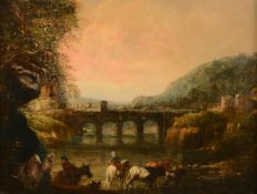 FOLLOWER OF AELBERT CUYP, ITALIANATE LANDSCAPE WITH TRAVELLERS AND CATTLE CROSSING A BRIDGE