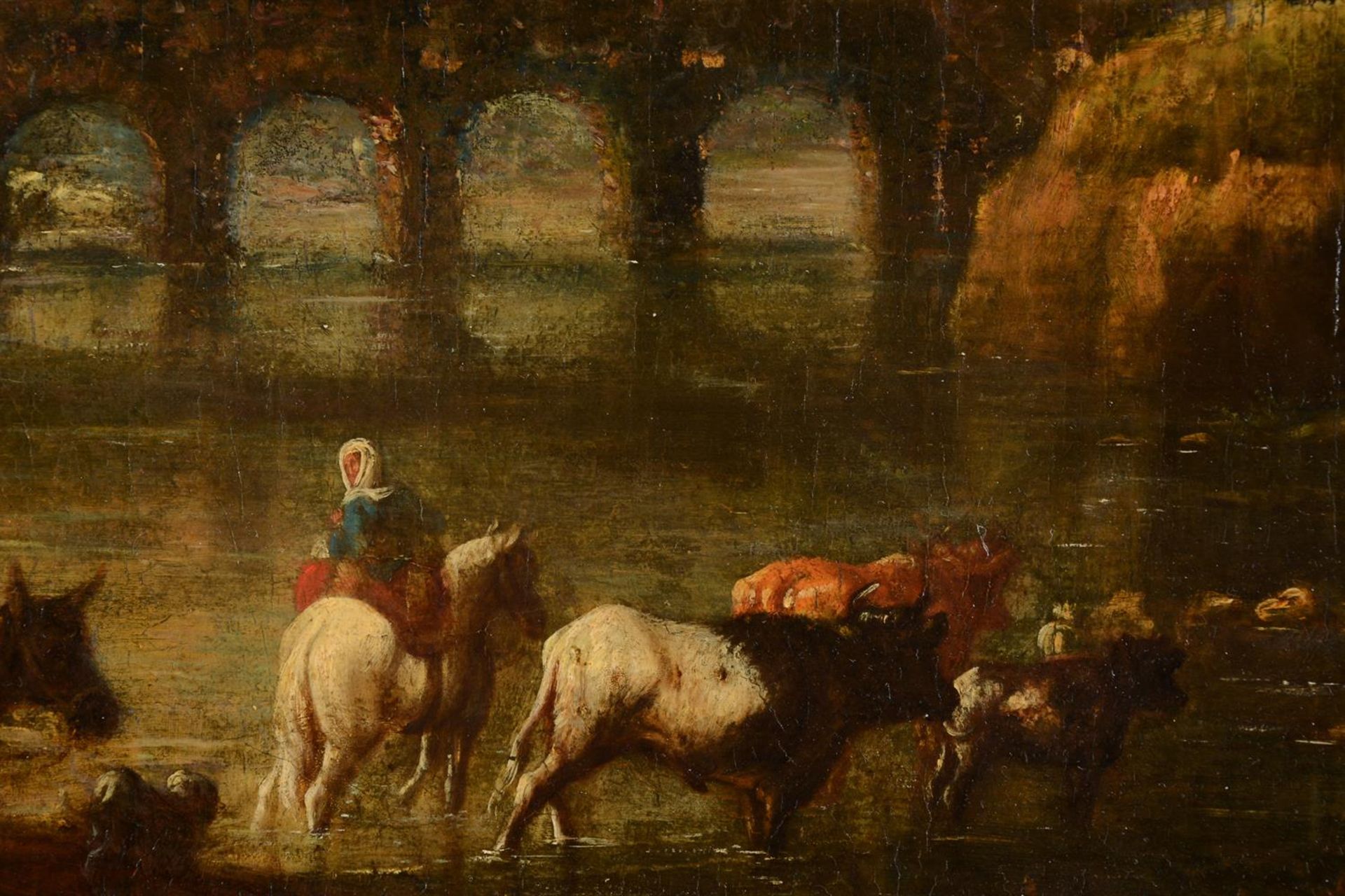 FOLLOWER OF AELBERT CUYP, ITALIANATE LANDSCAPE WITH TRAVELLERS AND CATTLE CROSSING A BRIDGE - Image 3 of 4