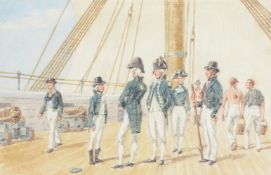 ORLANDO NORIE (BRITISH 1832-1901), OFFICERS AND SAILORS ON THE DECK OF A BRITISH WARSHIP