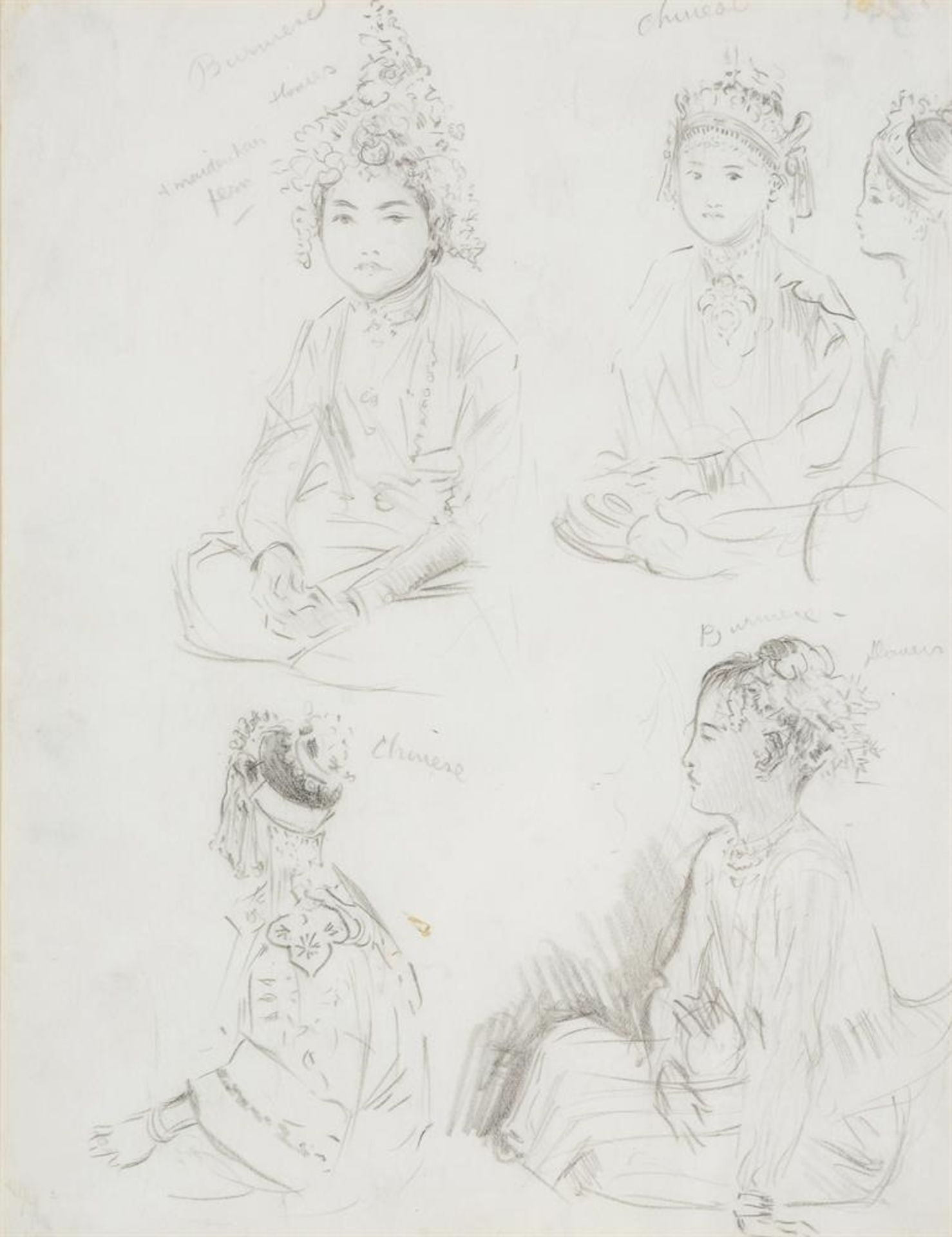 λ ATTRIBUTED NORMAN HEPPLE (BRITISH 1908-1994), STUDY OF FOUR SEATED FIGURES, BURMESE & CHINESE