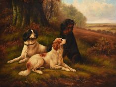 D. MURRAY (SCOTTISH 19TH/20TH CENTURY), THREE GORDON SETTERS, SEATED IN A COUNTRY LANDSCAPE