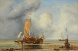 JAMES WEBB (BRITISH CIRCA 1825-1895), UNLOADING THE SHIP, WITH DONKEY AND CART IN THE SHALLOWS