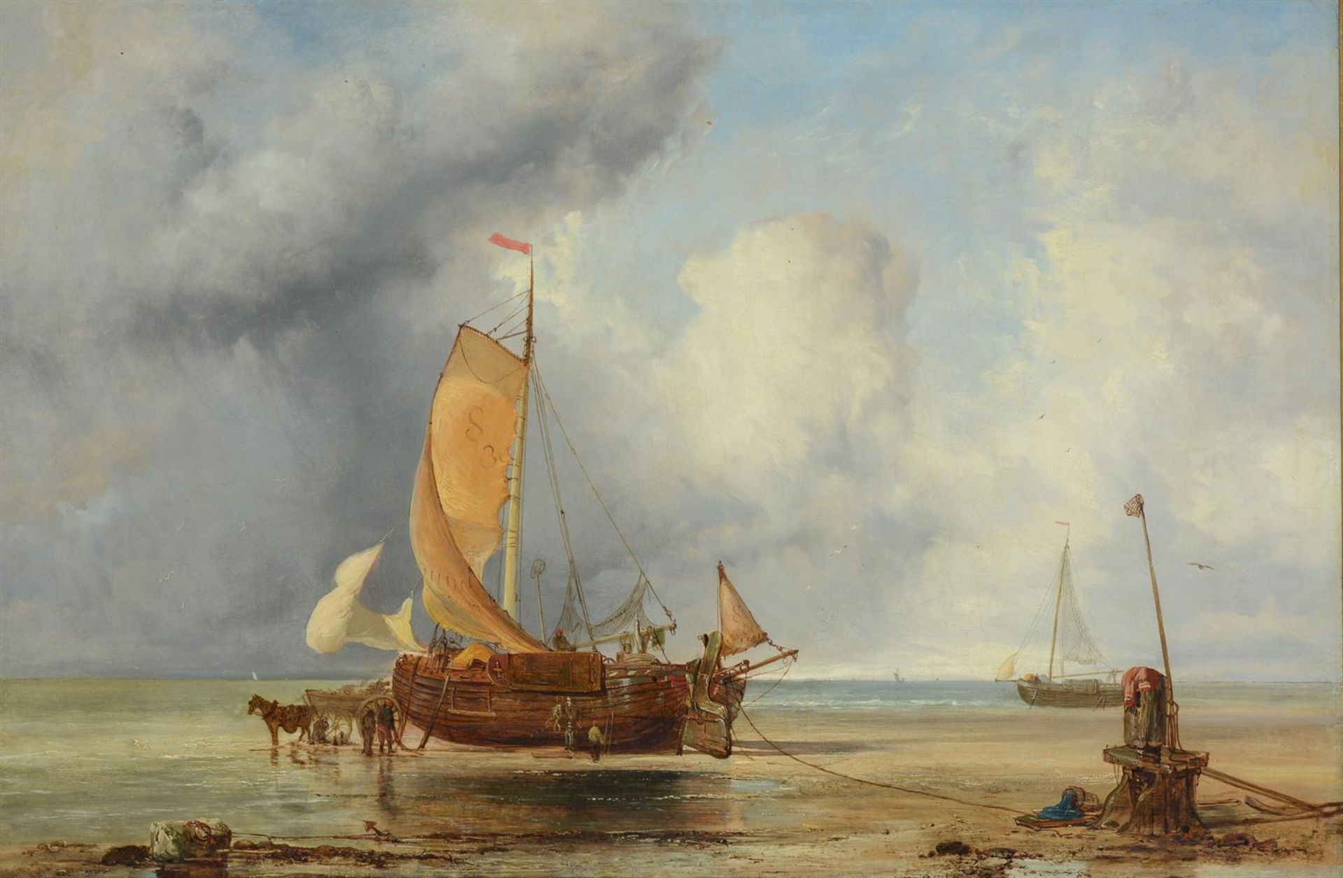 JAMES WEBB (BRITISH CIRCA 1825-1895), UNLOADING THE SHIP, WITH DONKEY AND CART IN THE SHALLOWS