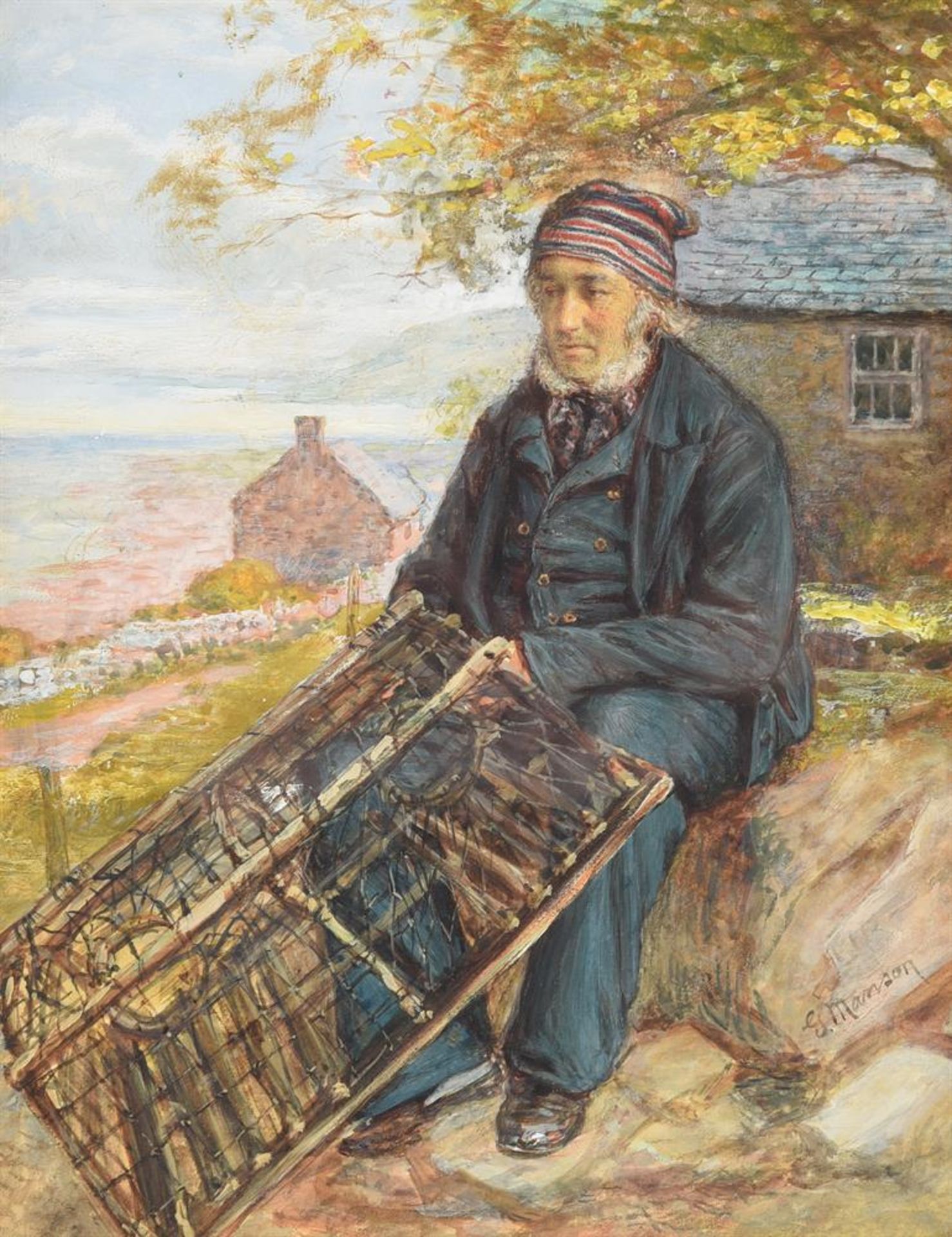 GEORGE MANSON (SCOTTISH 1850-1876), FISHERMAN MENDING HIS NETS