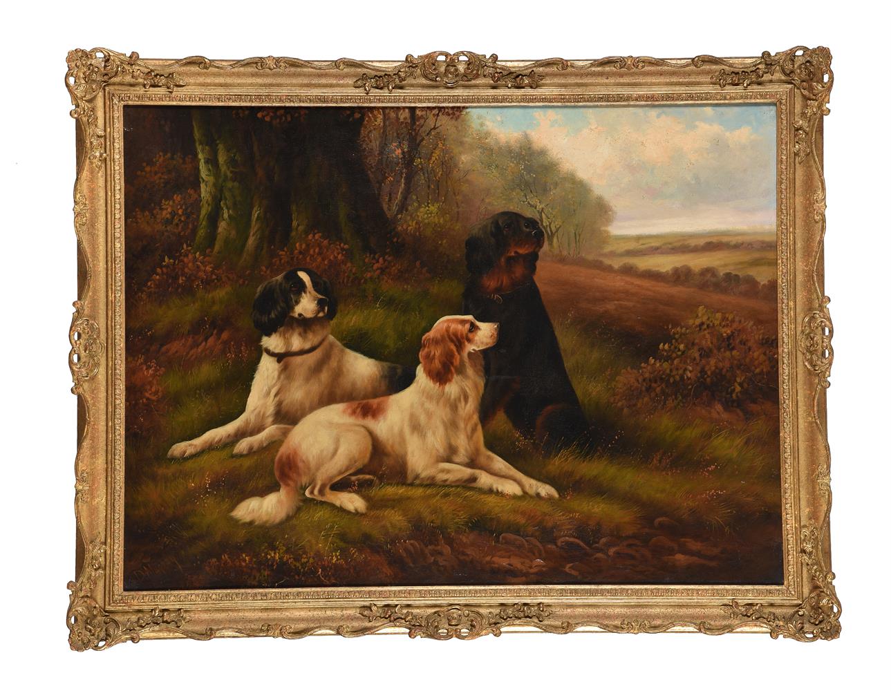 D. MURRAY (SCOTTISH 19TH/20TH CENTURY), THREE GORDON SETTERS, SEATED IN A COUNTRY LANDSCAPE - Image 2 of 3