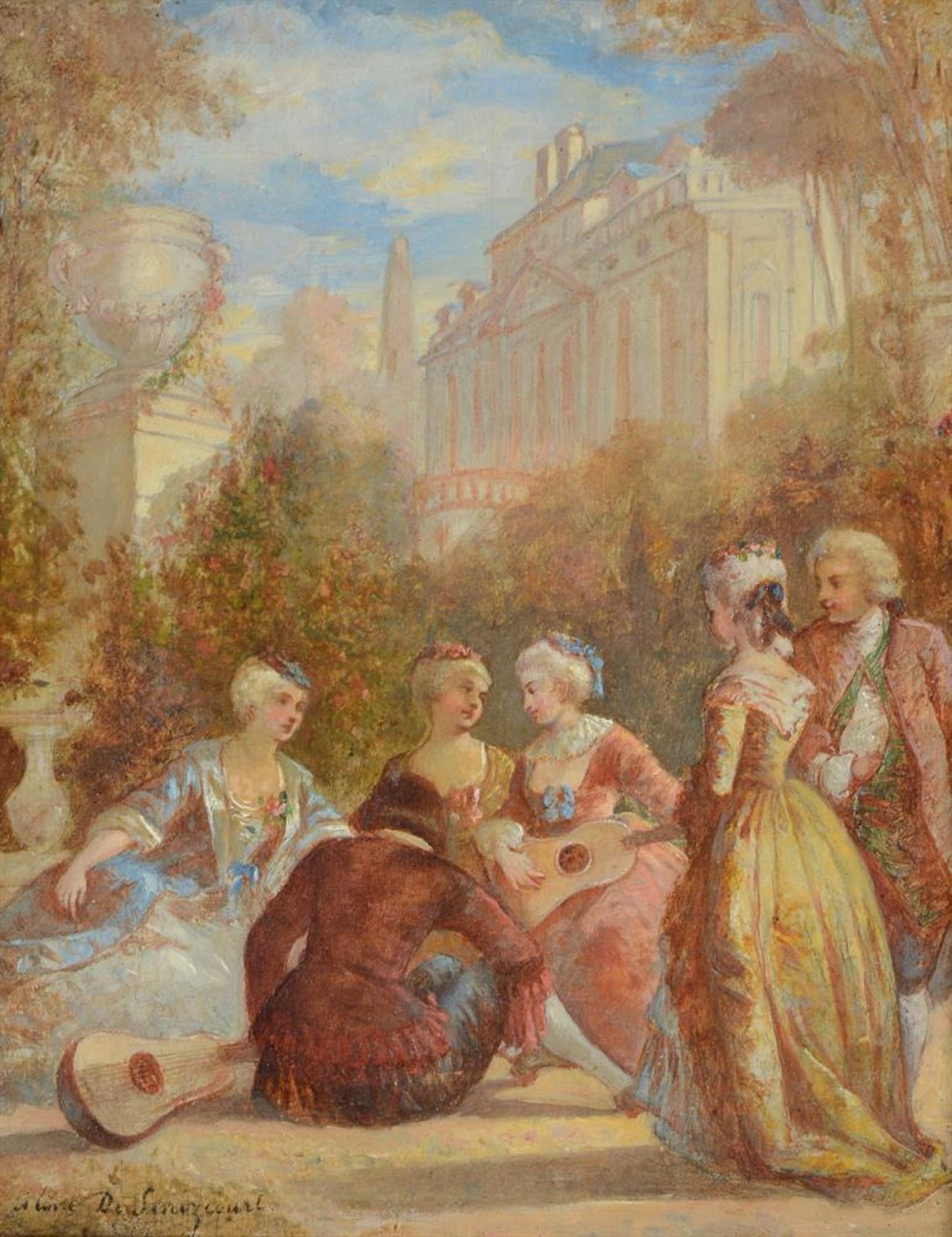 CHARLOTTE LENTREIN DE SENEZCOURT (FRENCH 19TH CENTURY), WATTEAUESQUE FIGURES BEFORE A CHATEAU