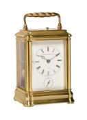 A FRENCH GILT MID-SIZED GORGE CASED REPEATING ALARM CARRIAGE CLOCK