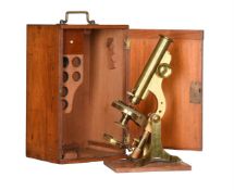 A LARGE VICTORIAN LACQUERED BRASS COMPOUND MINOCULAR POLARISING MICROSCOPE