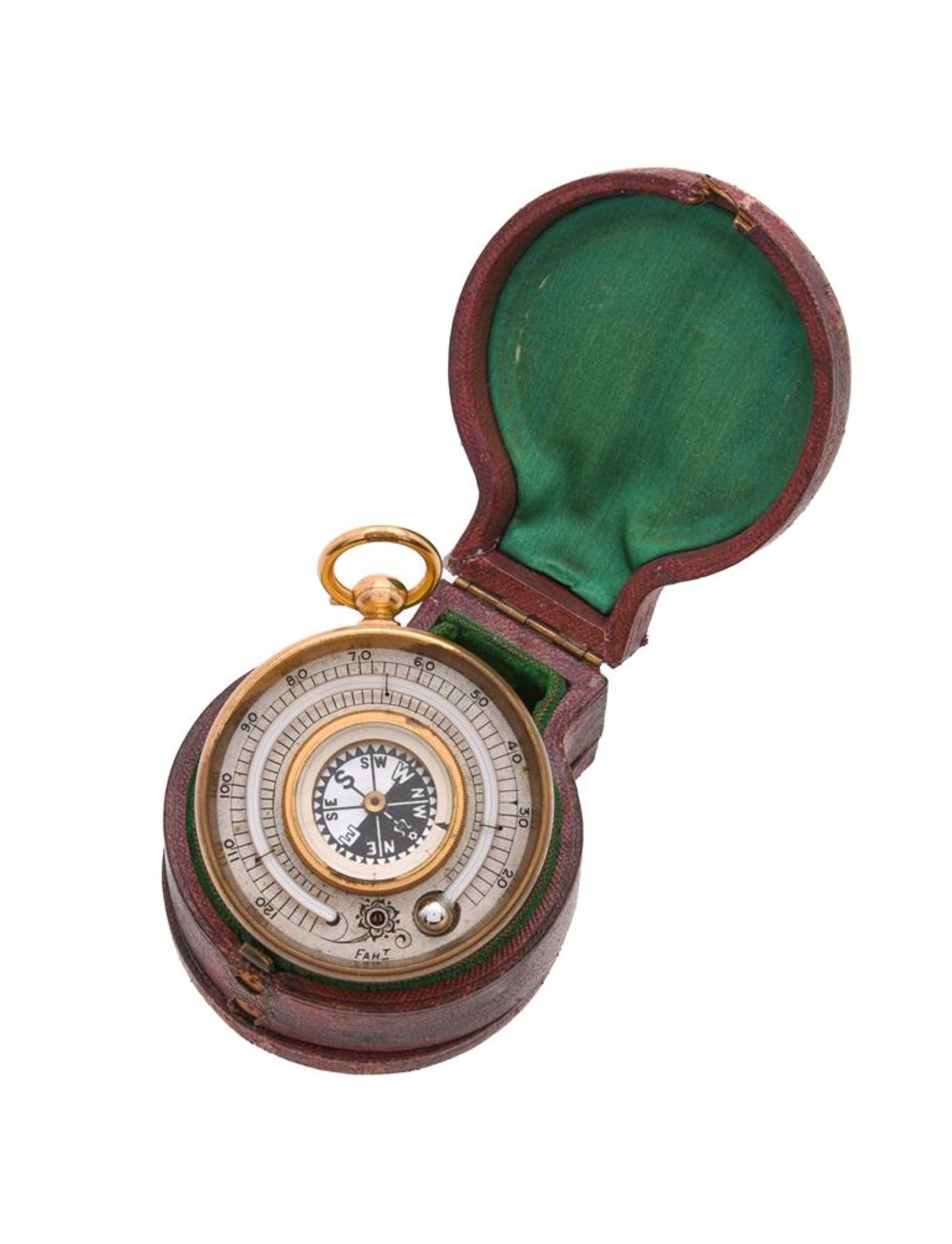 Y A LATE VICTORIAN GILT BRASS ANEROID POCKET BAROMETER WITH THERMOMETER AND COMPASS - Bild 2 aus 2