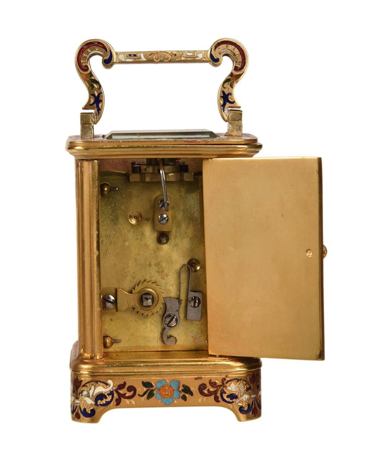 A FINE FRENCH GILT BRASS, CHAMPLEVE ENAMEL AND PAINTED PANEL INSET MINIATURE CARRIAGE TIMEPIECE - Bild 4 aus 5