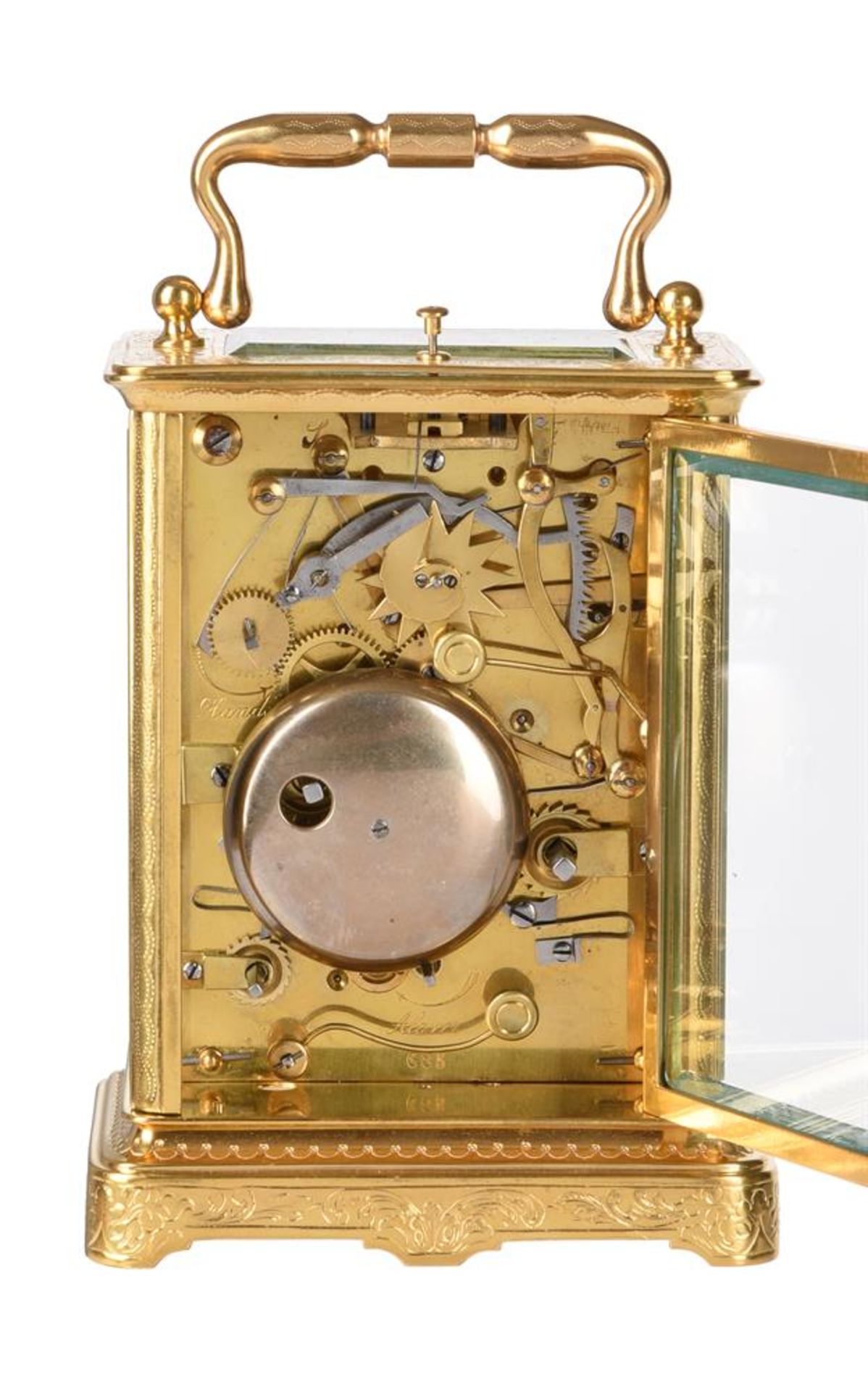 A SWISS ENGRAVED GILT BRASS CENTRE-SECONDS REPEATING ALARM CARRIAGE CLOCK - Bild 3 aus 3