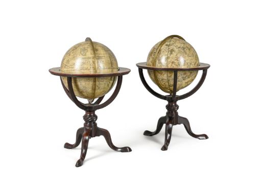 A FINE PAIR OF GEORGE III TWELVE-INCH LIBRARY TABLE GLOBES