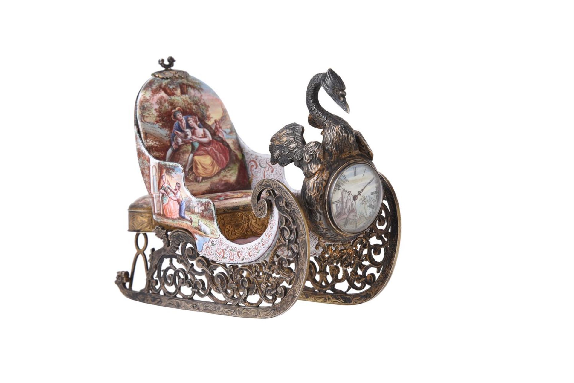 A FINE AUSTRIAN ENGRAVED SILVER-GILT AND ENAMELLED NOVELTY SLEIGH TIMEPIECE