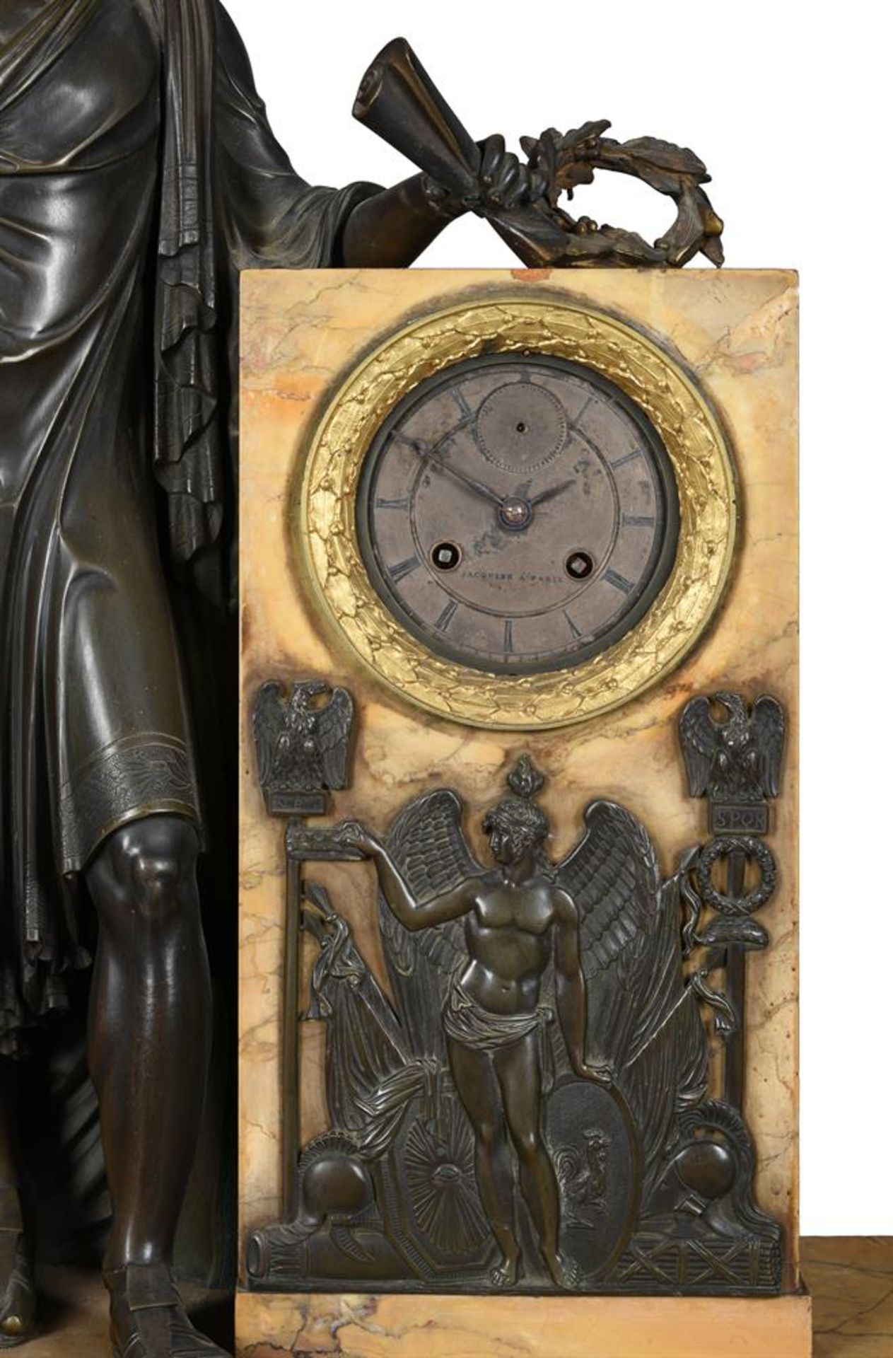 A FINE FRENCH EMPIRE BRONZE AND SIENA MARBLE FIGURAL MANTEL CLOCK OF IMPRESSIVE PROPORTIONS - Bild 4 aus 9