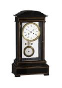 A FRENCH BRASS INLAID EBONISED FOUR-GLASS MANTEL CLOCK WITH ETCHED-GLASS PANELS