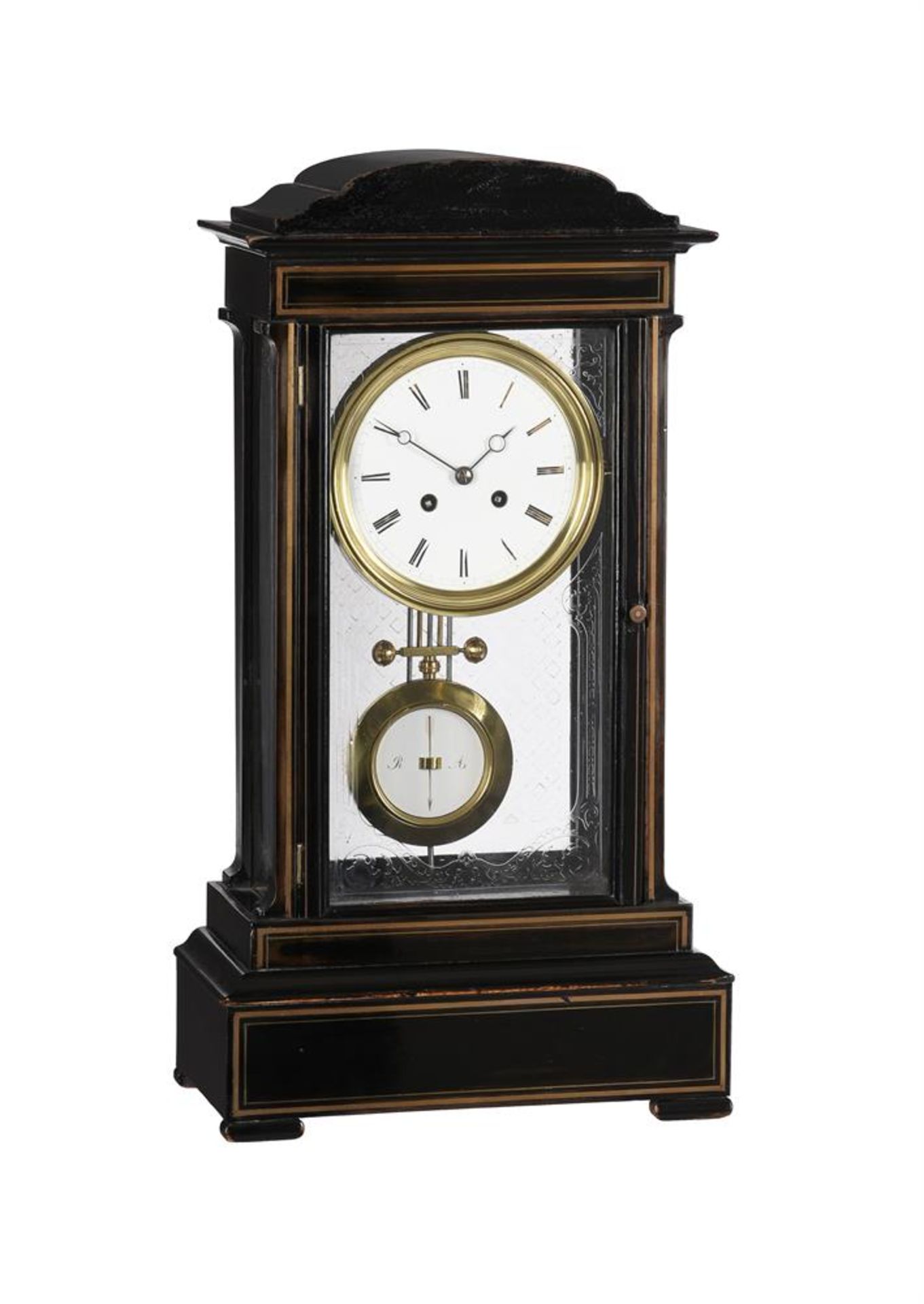 A FRENCH BRASS INLAID EBONISED FOUR-GLASS MANTEL CLOCK WITH ETCHED-GLASS PANELS