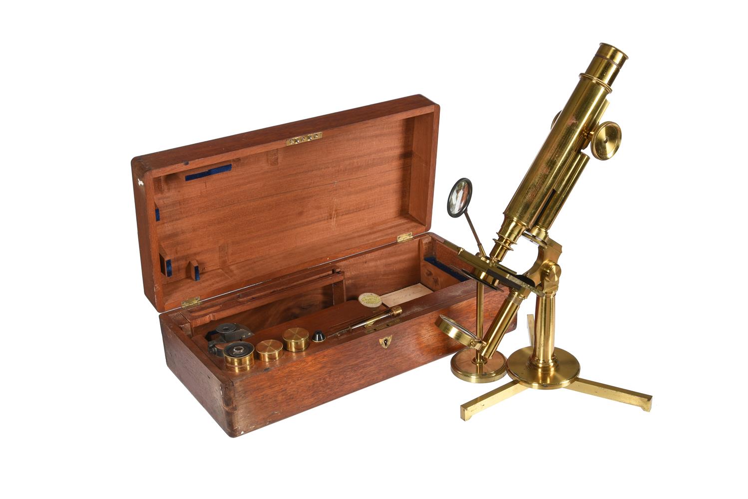 A VICTORIAN LACQUERED BRASS PORTABLE MONOCULAR MICROSCOPE