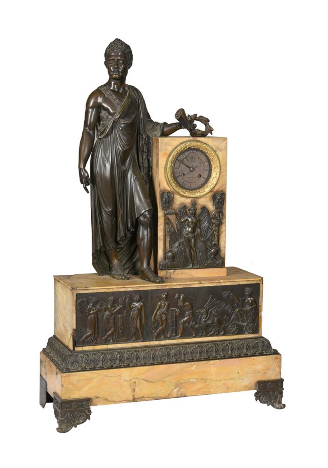 A FINE FRENCH EMPIRE BRONZE AND SIENA MARBLE FIGURAL MANTEL CLOCK OF IMPRESSIVE PROPORTIONS - Bild 2 aus 9