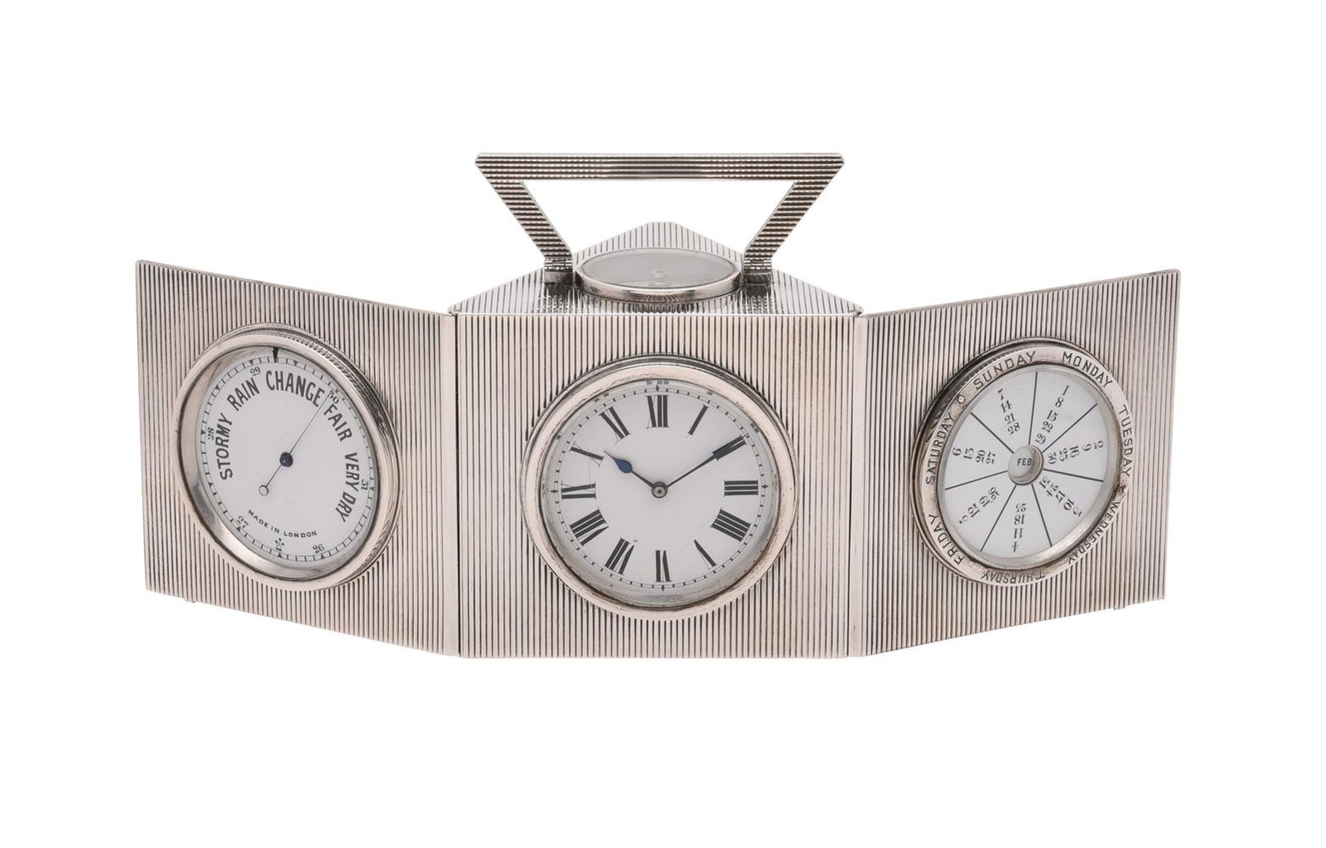 A GEORGE V SILVER TRIANGULAR DESK CARRIAGE TIMEPIECE COMPENDIUM WITH BAROMETER, COMPASS AND CALENDAR - Bild 5 aus 9