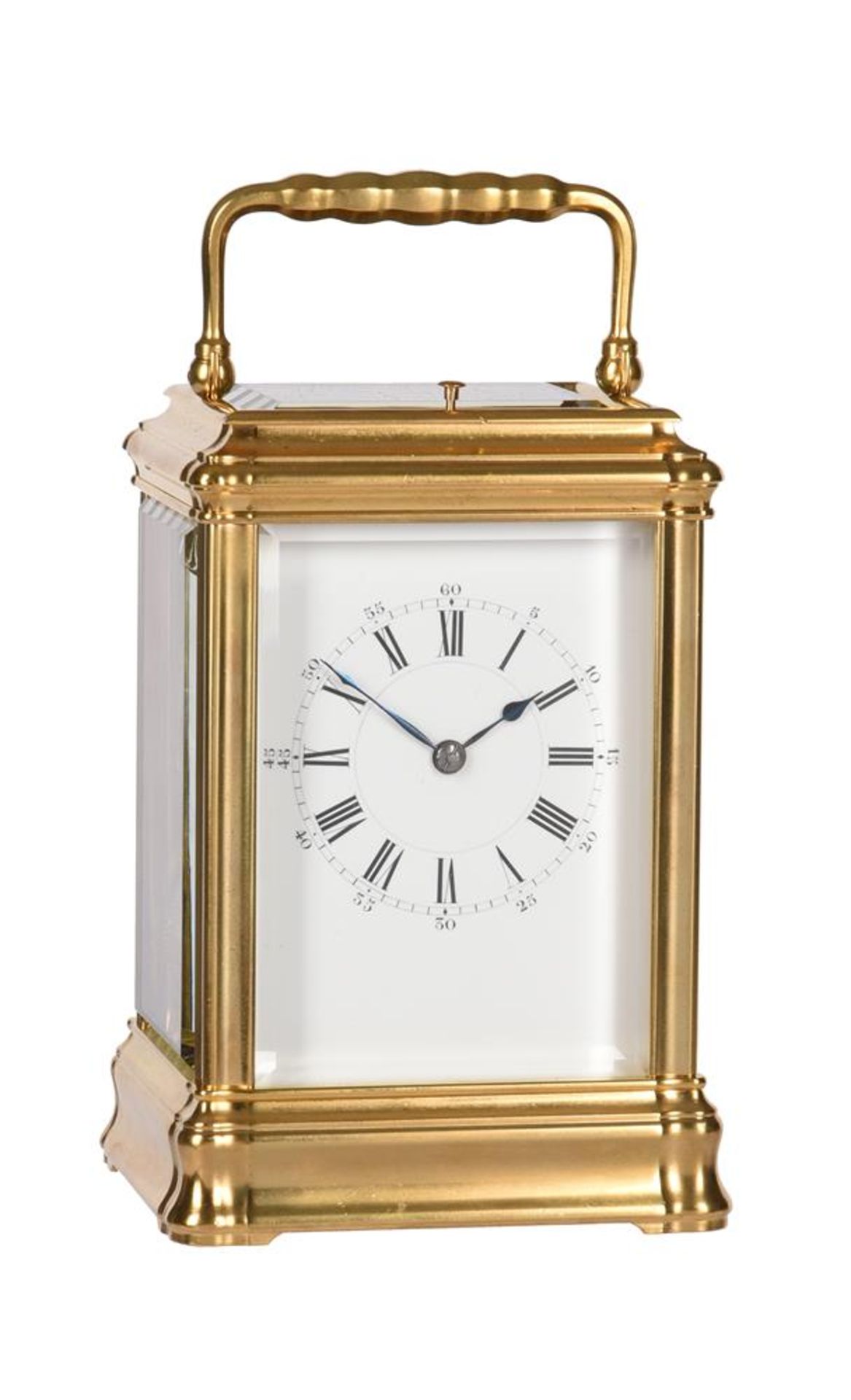 A FINE FRENCH GILT BRASS GORGE CASED GRANDE SONNERIE STRIKING CARRIAGE CLOCK