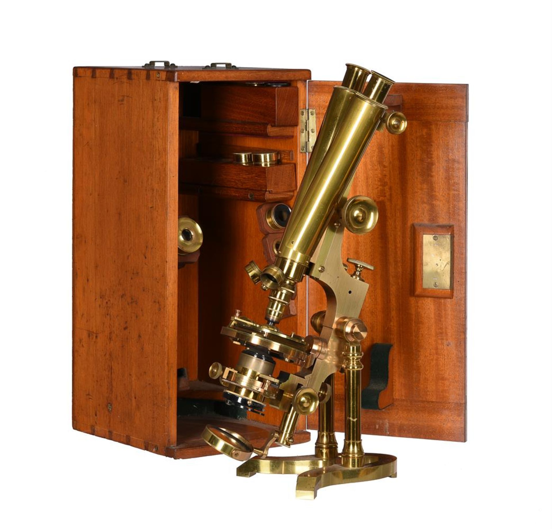 A VICTORIAN LACQUERED BRASS COMPOUND BINOCULAR MICROSCOPE