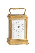 A FRENCH ENGRAVED GILT BRASS GORGE CASED CARRIAGE CLOCK WITH PUSH-BUTTON REPEAT AND ALARM