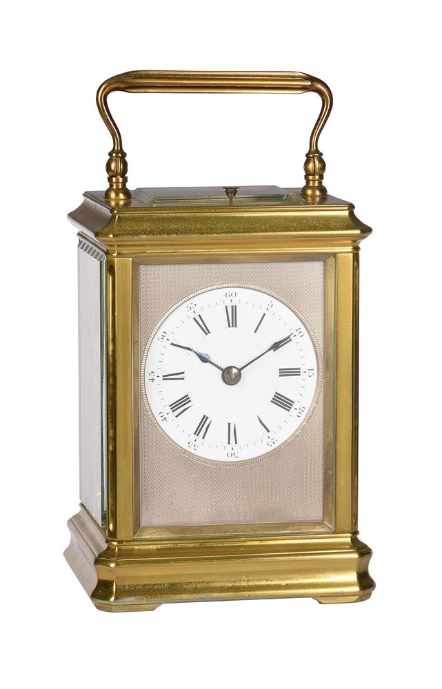 A FRENCH LACQUERED BRASS GIANT CARRIAGE CLOCK WITH PUSH-BUTTON REPEAT