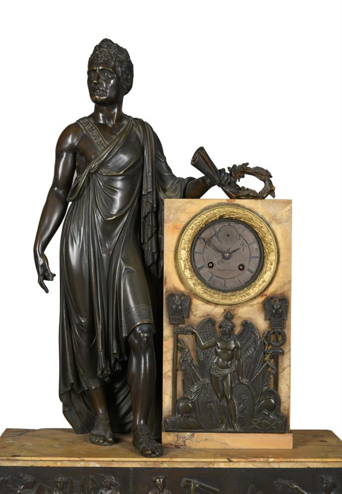 A FINE FRENCH EMPIRE BRONZE AND SIENA MARBLE FIGURAL MANTEL CLOCK OF IMPRESSIVE PROPORTIONS - Bild 3 aus 9