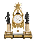 A FRENCH LOUIS XVI PATINATED BRONZE, ORMOLU AND MARBLE FIGURAL MANTEL CLOCK