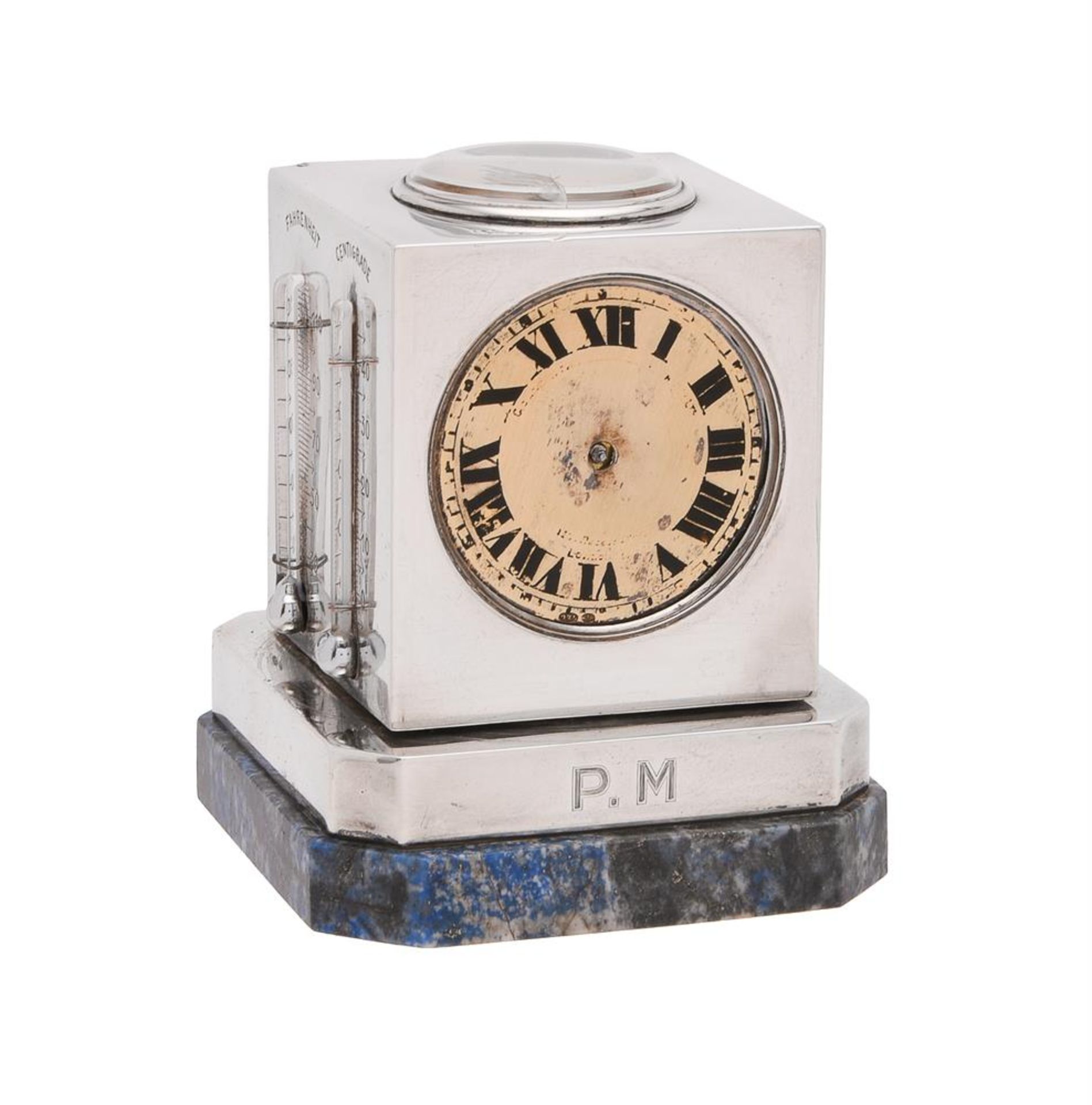 Y A SILVER REVOLVING DESK TIMEPIECE COMPENDIUM WITH BAROMETER, CALENDAR, THERMOMETERS, AND COMPASS