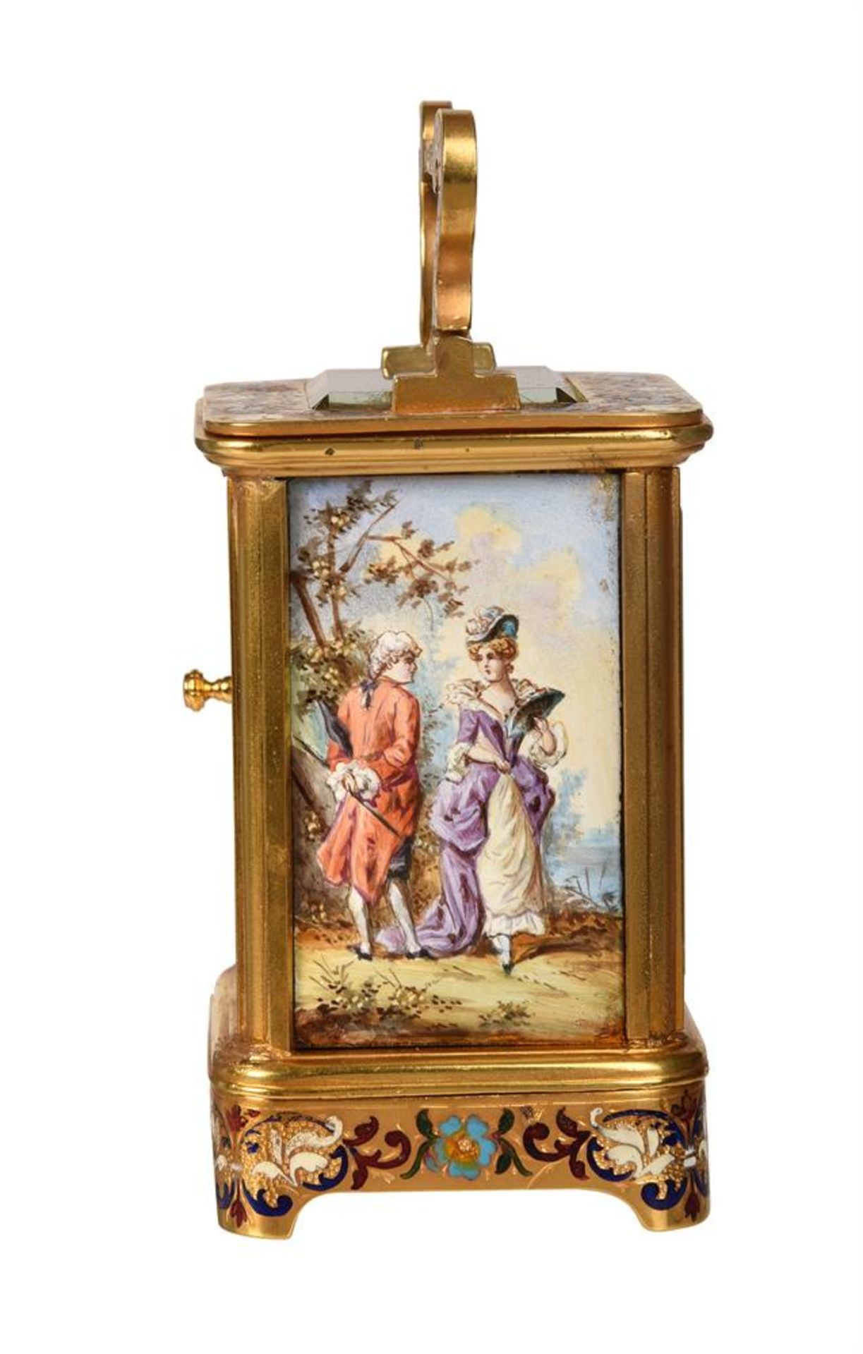 A FINE FRENCH GILT BRASS, CHAMPLEVE ENAMEL AND PAINTED PANEL INSET MINIATURE CARRIAGE TIMEPIECE - Bild 2 aus 5