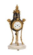 A FRENCH DIRECTOIRE PATINATED BRONZE, ORMOLU AND CARRARA MARBLE MANTEL CLOCK