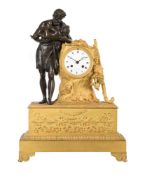 A FRENCH EMPIRE ORMOLU AND PATINATED BRONZE FIGURAL MANTEL CLOCK