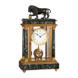 A FINE GILT BRASS, BRONZE AND VERDE ANTICO MARBLE ELECTROMAGNETIC FOUR-GLASS MANTEL TIMEPIECE