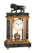 A FINE GILT BRASS, BRONZE AND VERDE ANTICO MARBLE ELECTROMAGNETIC FOUR-GLASS MANTEL TIMEPIECE