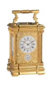 Y A FINE FRENCH GILT FRETWORK AND PORTRAIT MINIATURE INSET GRANDE-SONNERIE ALARM CARRIAGE CLOCK