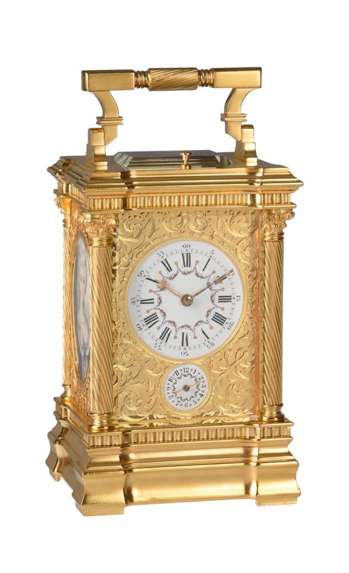 Y A FINE FRENCH GILT FRETWORK AND PORTRAIT MINIATURE INSET GRANDE-SONNERIE ALARM CARRIAGE CLOCK