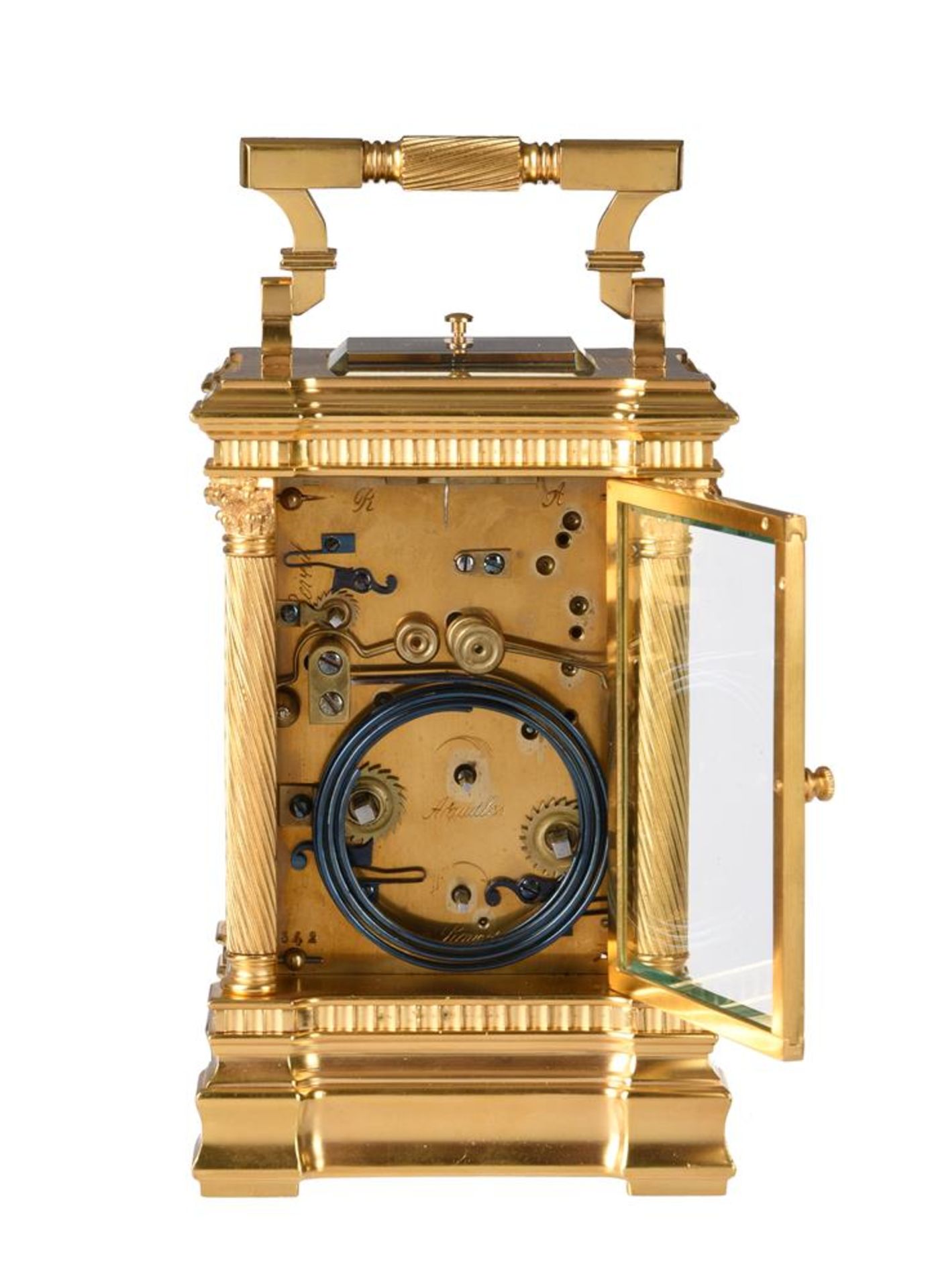 Y A FINE FRENCH GILT FRETWORK AND PORTRAIT MINIATURE INSET GRANDE-SONNERIE ALARM CARRIAGE CLOCK - Bild 5 aus 7