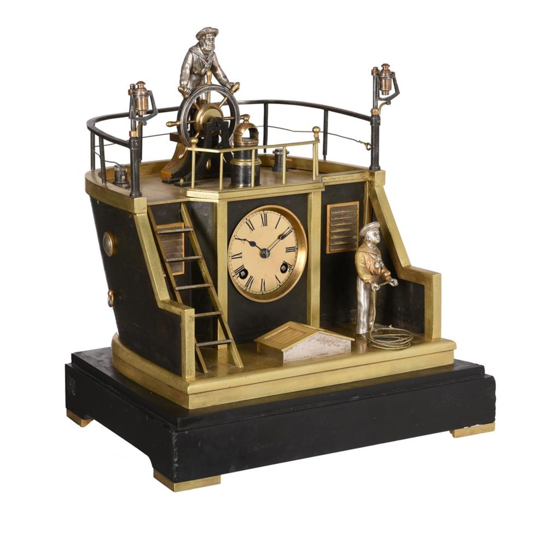 A FRENCH GILT, PATINATED AND SILVERED BRASS NOVELTY ‘QUARTERDECK’ MANTEL CLOCK - Image 2 of 3