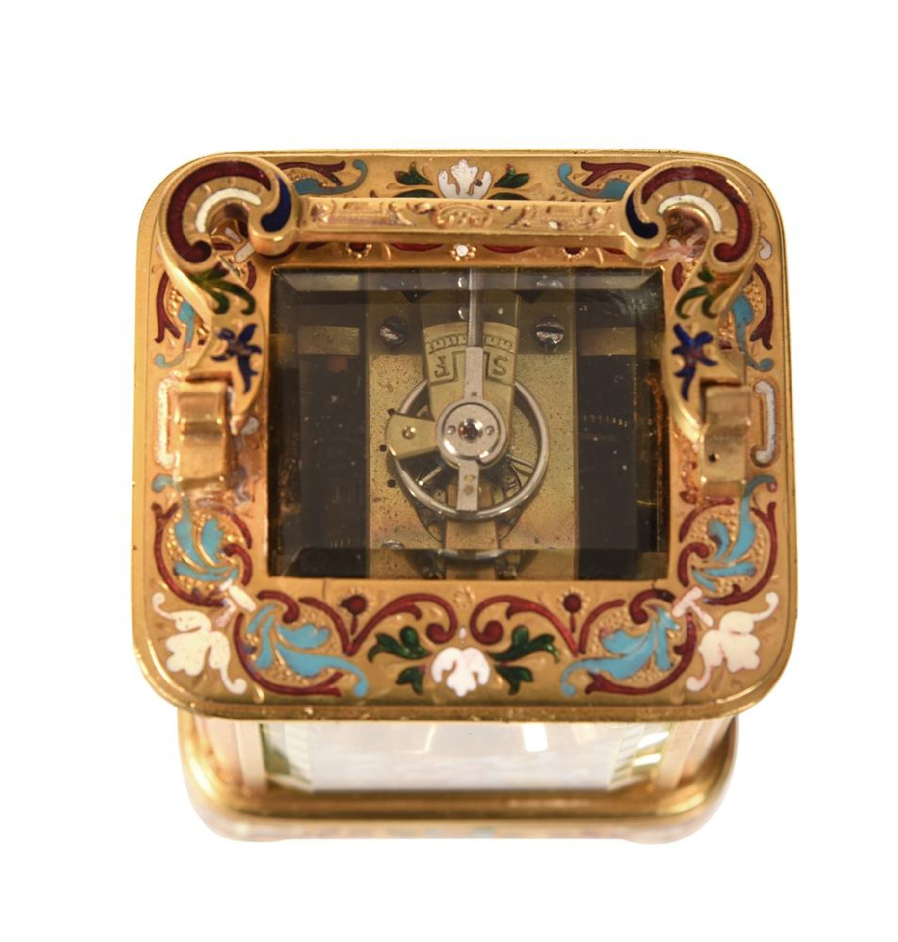 A FINE FRENCH GILT BRASS, CHAMPLEVE ENAMEL AND PAINTED PANEL INSET MINIATURE CARRIAGE TIMEPIECE - Bild 5 aus 5