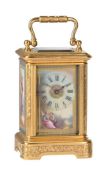 A FINE FRENCH ENGRAVED GILT BRASS PORCELAIN PANEL INSET MINIATURE CARRIAGE TIMEPIECE