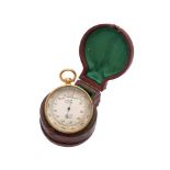 Y A LATE VICTORIAN GILT BRASS ANEROID POCKET BAROMETER WITH THERMOMETER AND COMPASS