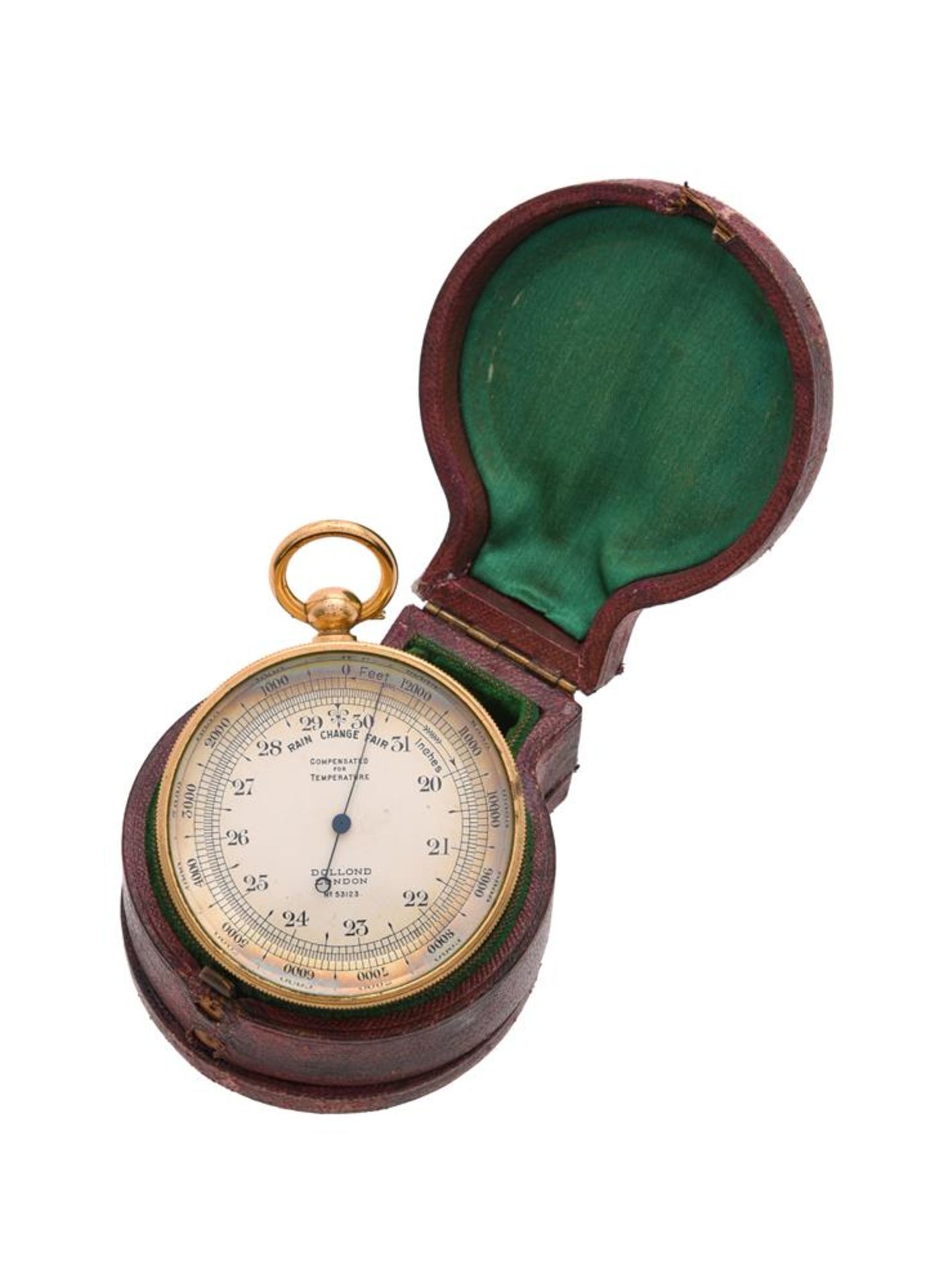 Y A LATE VICTORIAN GILT BRASS ANEROID POCKET BAROMETER WITH THERMOMETER AND COMPASS