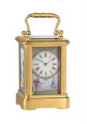 A FINE FRENCH GILT BRASS PORCELAIN PANEL INSET MINIATURE CARRIAGE TIMEPIECE