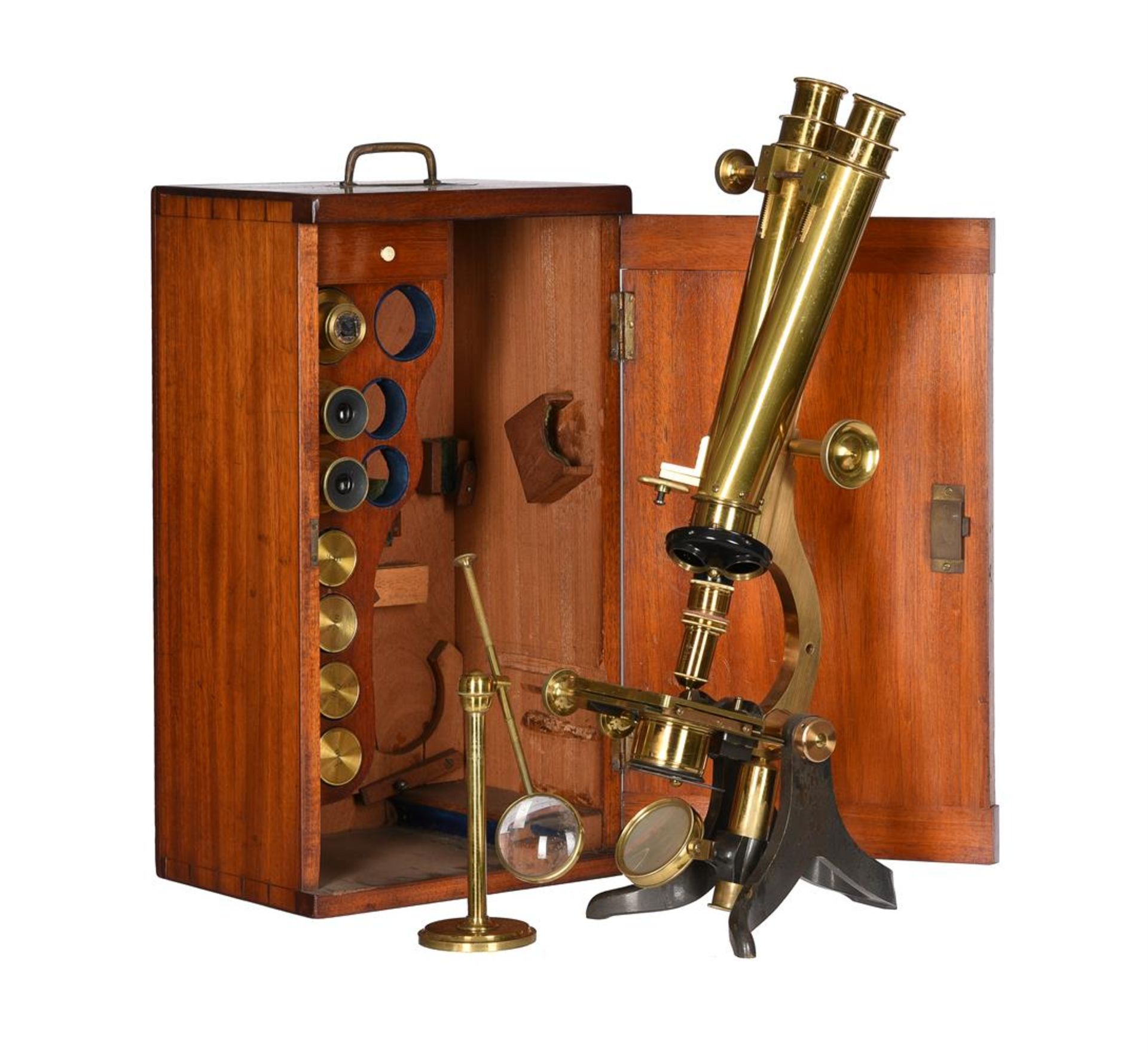 A VICTORIAN LACQUERED BRASS COMPOUND BINOCULAR MICROSCOPE