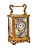 A FINE FRENCH GILT BRASS, CHAMPLEVE ENAMEL AND PAINTED PANEL INSET MINIATURE CARRIAGE TIMEPIECE