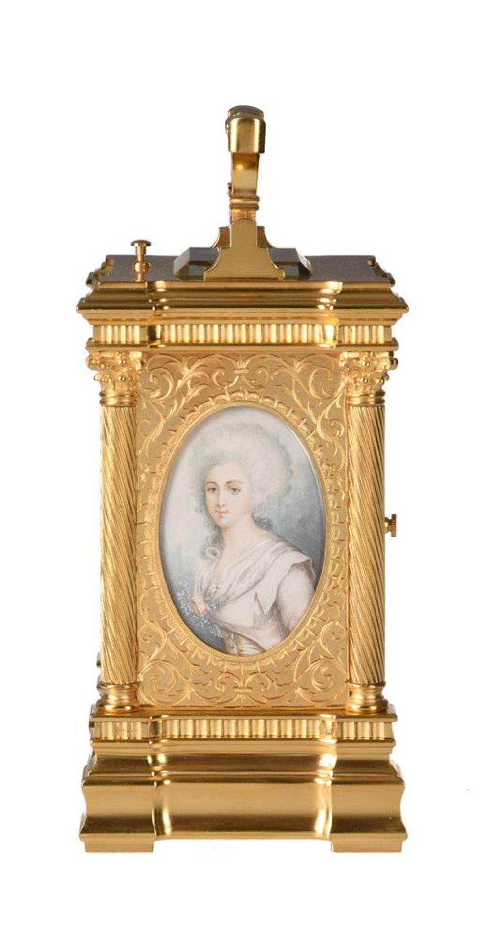 Y A FINE FRENCH GILT FRETWORK AND PORTRAIT MINIATURE INSET GRANDE-SONNERIE ALARM CARRIAGE CLOCK - Bild 2 aus 7