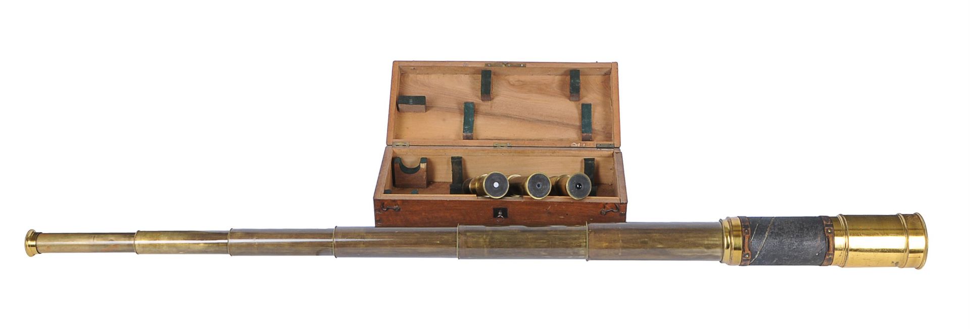 AN UNUSUAL FRENCH LACQUERED BRASS THREE-INCH SIX-DRAW PORTABLE ASTRONOMICAL TELESCOPE