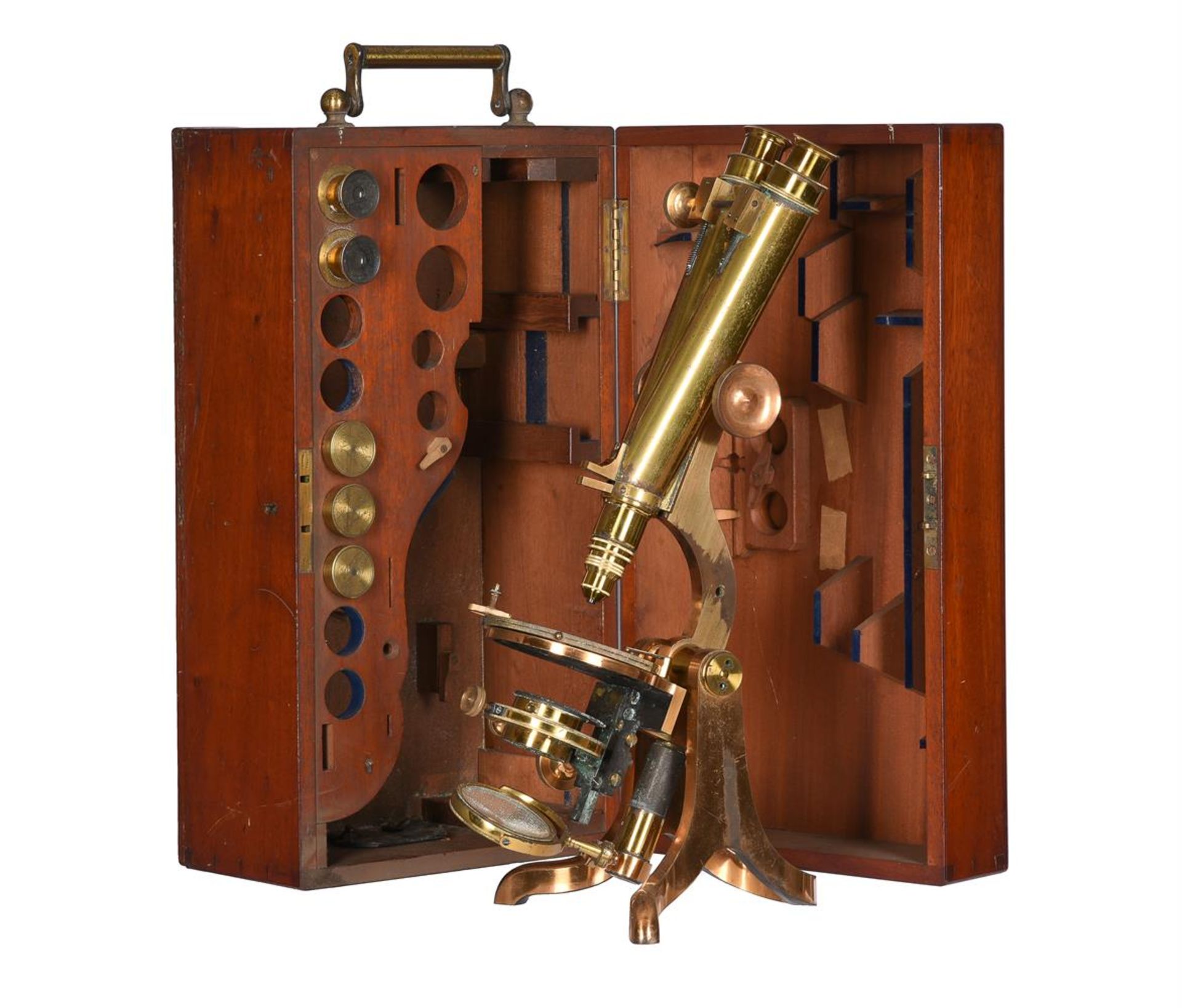 A VICTORIAN LACQUERED BRASS COMPOUND BINOCULAR MICROSCOPE